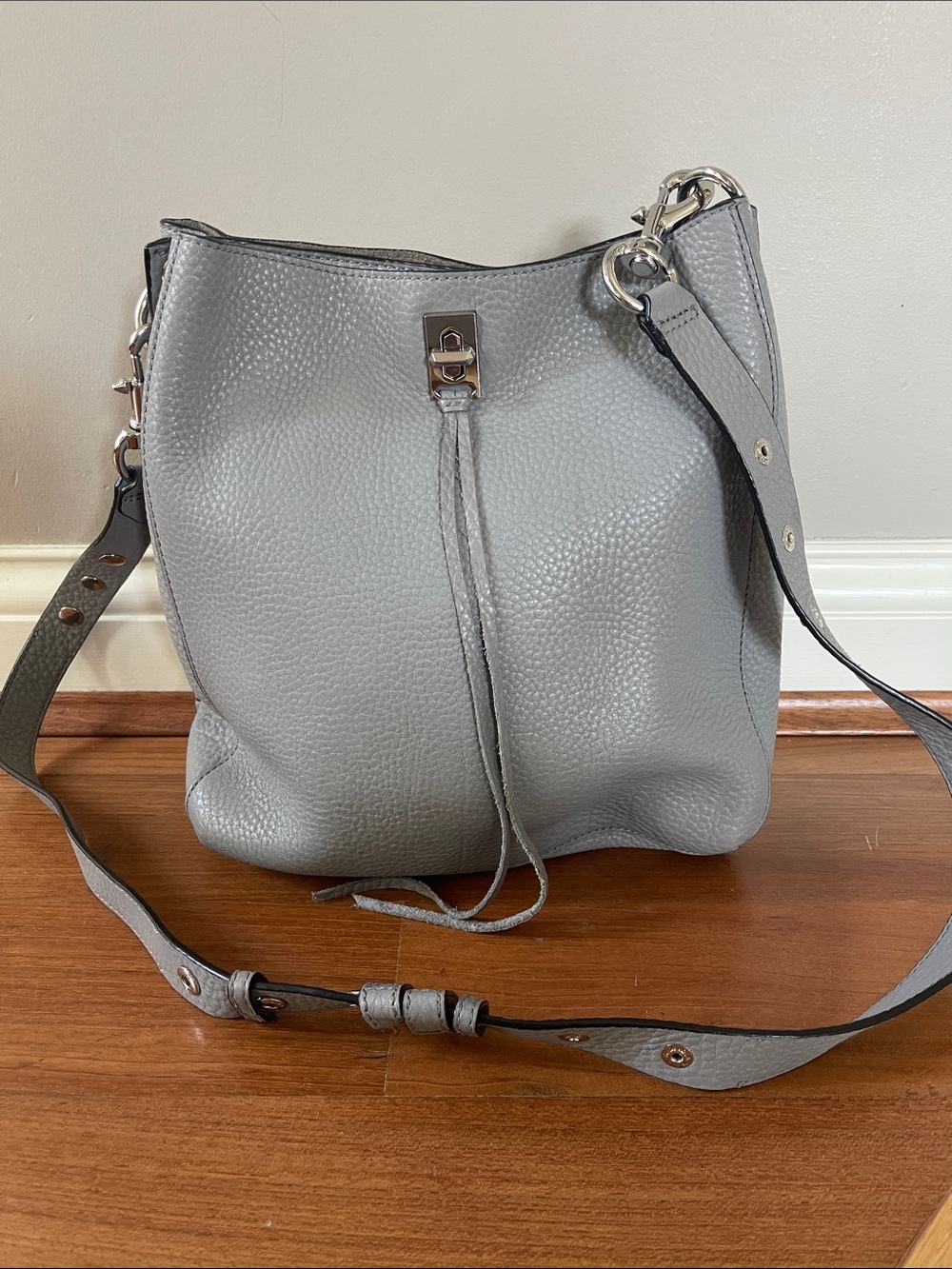 Rebecca Minkoff Gray Pebbled Leather Shoulder Bucket Bag